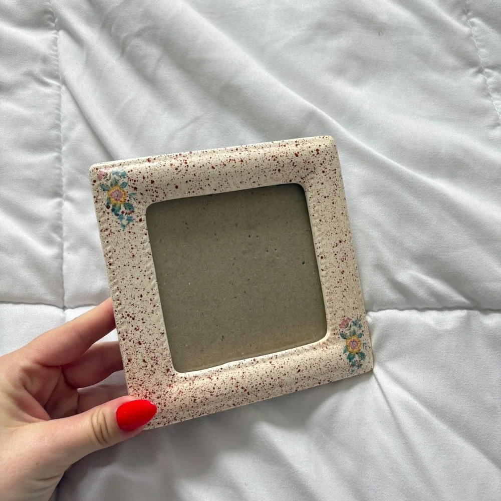 Vintage Ceramic Speckled Floral Square Picture Frame Cream Brown 5x5 Cottageore